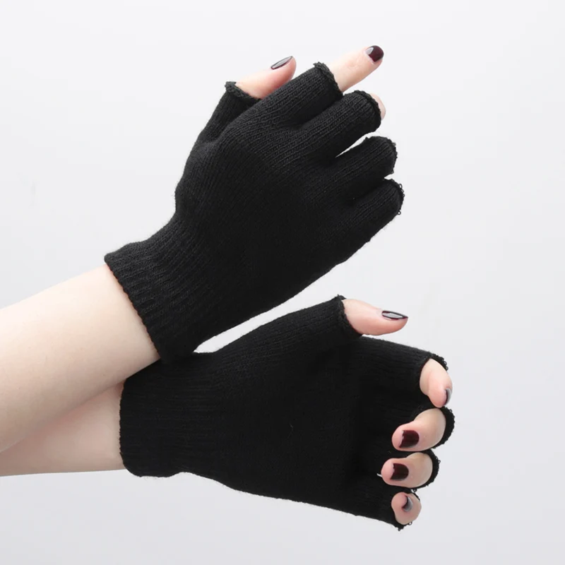 1Pair Black Short Half Finger Fingerless Gloves Unisex Outdoor Short Warm Mittens Women Men Knit Elastic Comfort Work Gloves