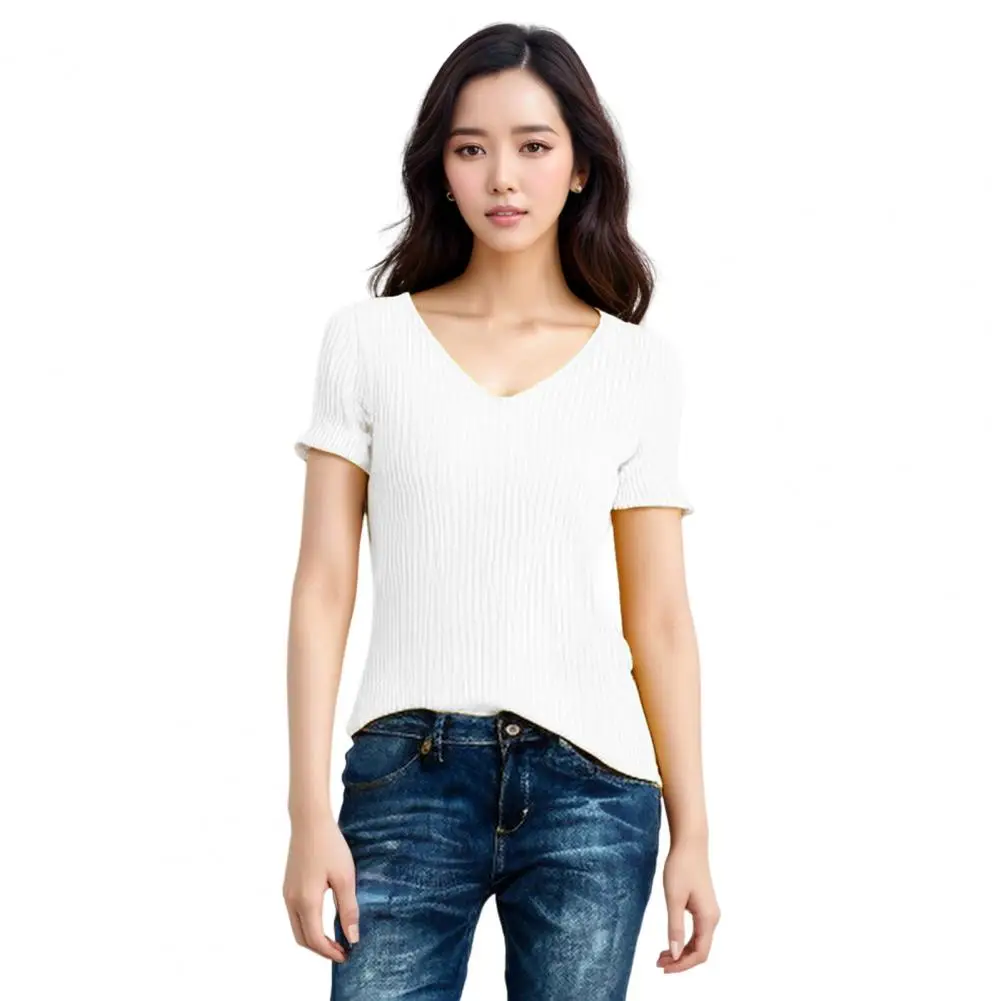 

Women T-shirt Solid Color V-neck Ribbed Knit Women's Summer T-shirt Regular Fit Short Sleeve Tee for Work Wear Lightweight Women