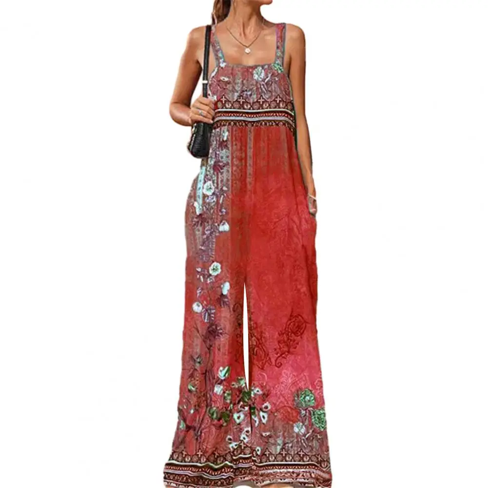 

Elegant Women Jumpsuit Vintage Flower Print Floor Length Pants Wide Leg Sleeveless Backless Deep Crotch Jumpsuit Summer