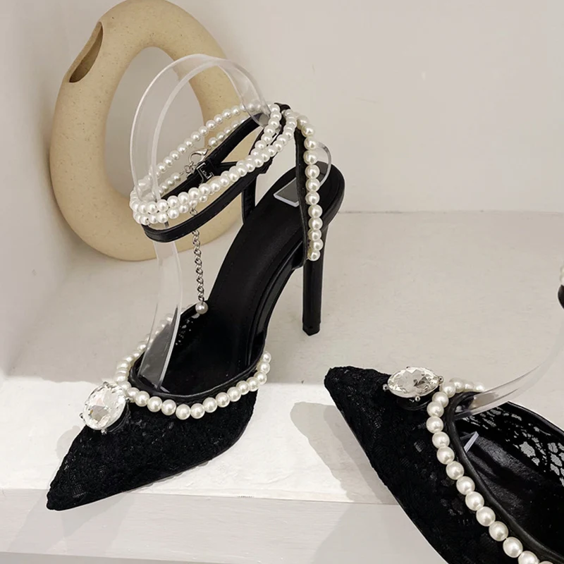 

Style Mesh Pointed Toe Glitter Crystal Women Pumps Sexy String Bead Ankle Strap Wedding High Heels Party Prom Shoes