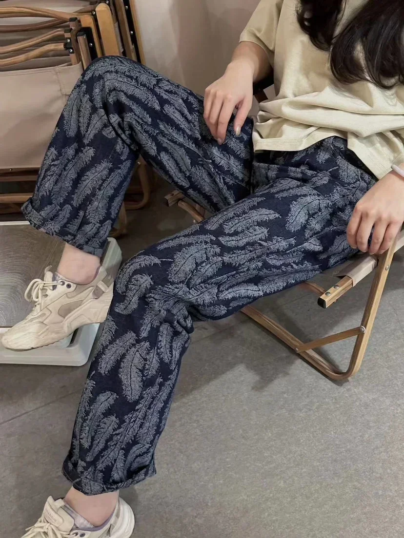 New Japanese Style Hirata and Hiroshi Casual  Men's Loose Denim Jacquard Feather Flared Pants Versatile