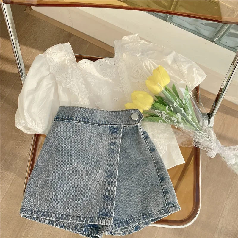Kids Clothing Set Girls Fashion Lace Blouse Top & Denim Shorts Korean Style 2pcs 2-7Y kids clothing set,girls clothing set
