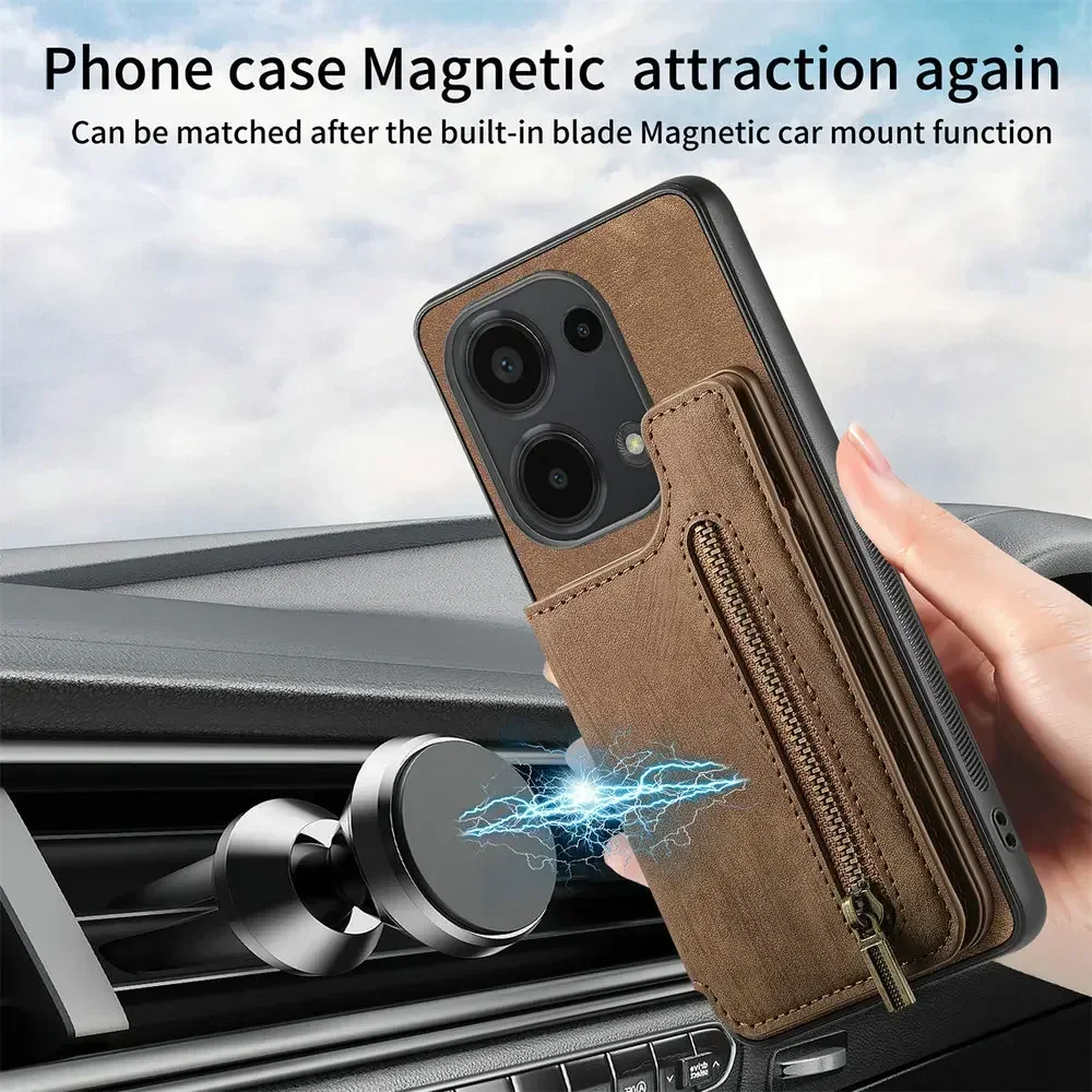 Leather Zipper Magnetic Wallet Case with Card Holder