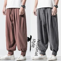 Loose-fit Cotton Linen Monk Pants Unisex Long Casual Pants For Spring Summer Seasonal Wear