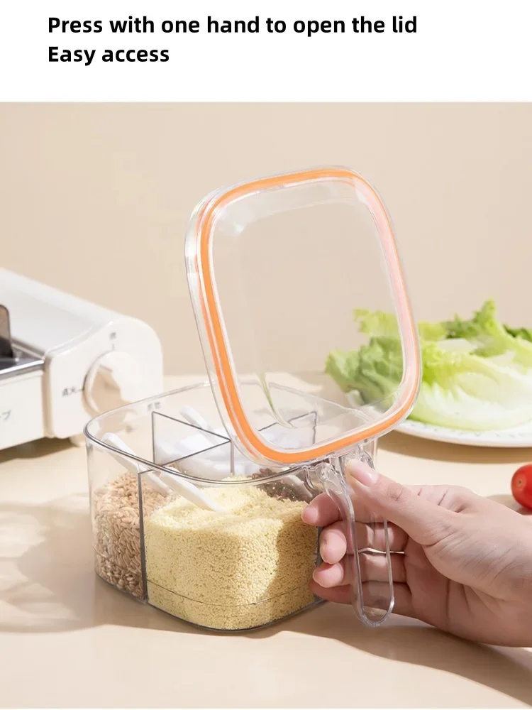 Description Picture 6 of item4 Grids Salt Pepper Seasoning Box Transparent Lid Spice Jar Chili Powder Sugar Bowl Condiments Storage Container Kitchen Gadgets