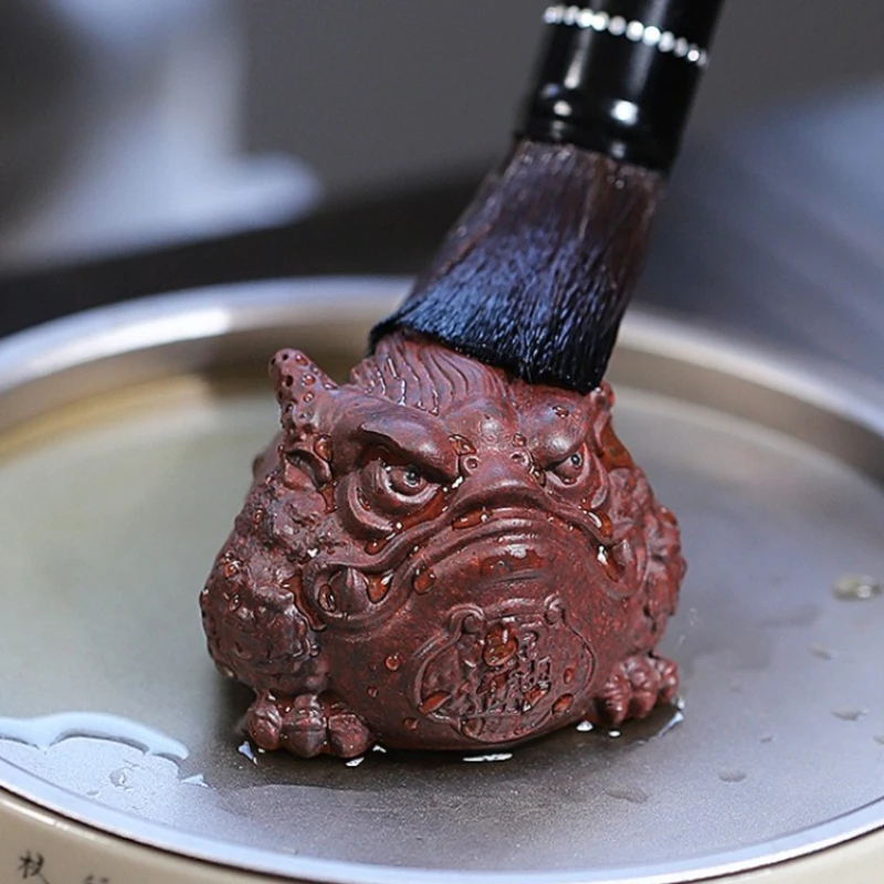 Handmade Yixing Purple Clay Tea Pet - Lucky Dragon Toad, Iron-Red Sand, Glossy Finish, Wealth Attracting, Authentic Teaware