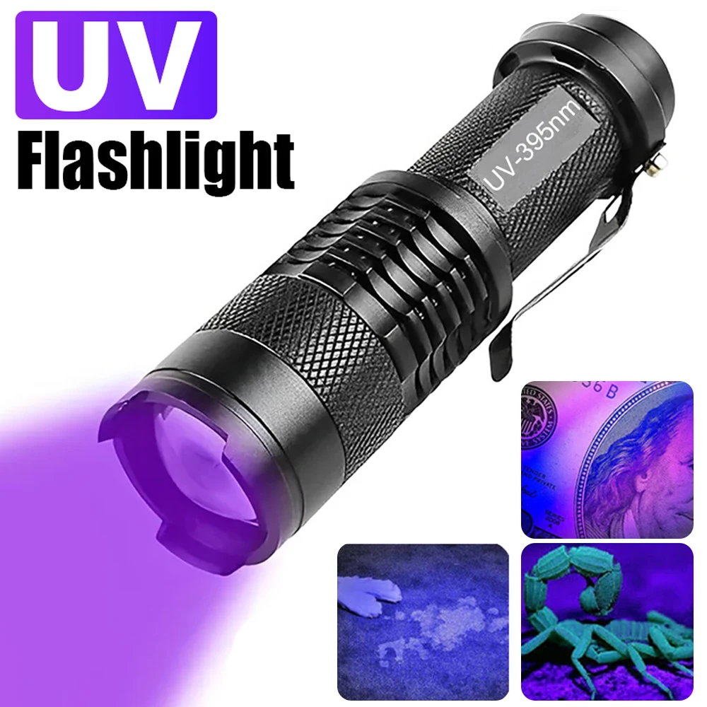 

UV LED Flashlight 365/395nm Portable Ultraviolet Torch Light Zoomable Inspection Lamp Pet Urine Scorpion Stain Detector Lamps