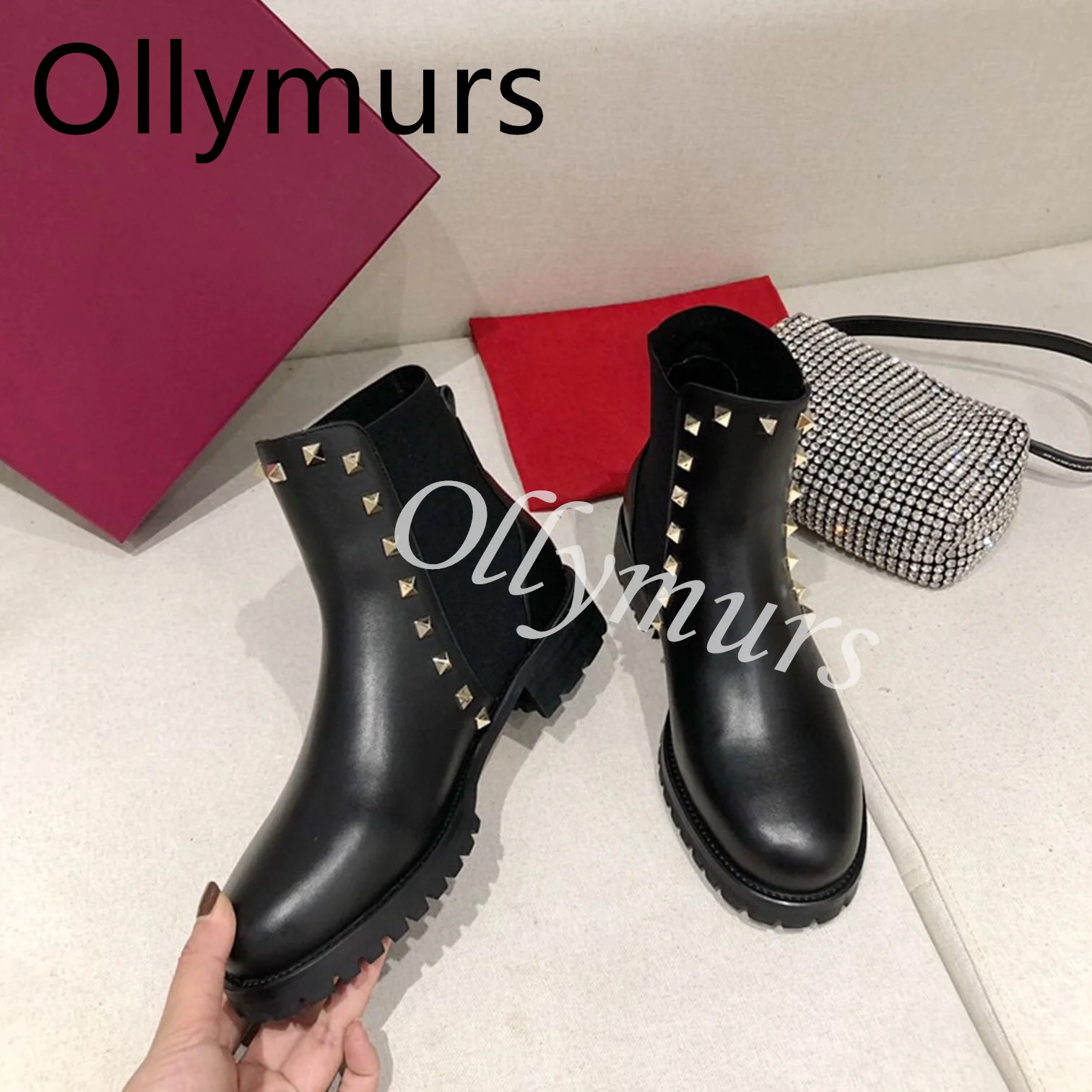 

2023 New Genuine Leather Studded Boots Ankle Boots Short Boots Flats Shoes Women