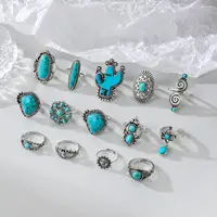 Long-lasting Rings Bohemia Rings Vintage Bohemian Adjustable Ring Set with Cactus Sun Shape Faux Turquoise Knuckle Rings for Her 1