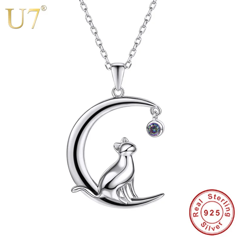 

U7 Authentic 100% 925 Sterling Silver Cat Moon Necklace Meditation Women Jewelry Chain & Pendant Valentine Gift SC17