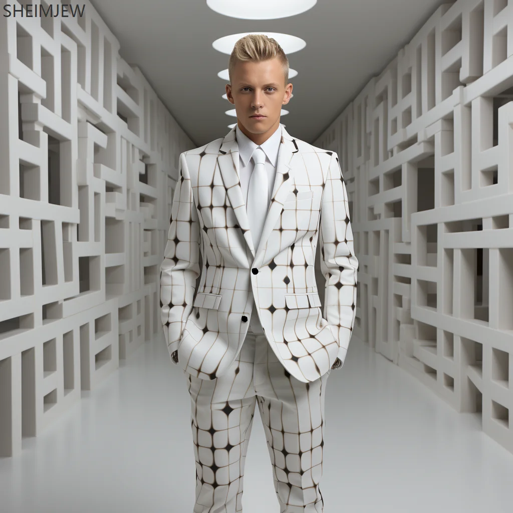 Check Stripe Print Men Casual Suit Everyday Classic Business Jacket Pants Simple Premium Suits Two Piece Set Formal Dress