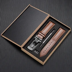 Luxury Genuine Leather Watchband - Men's and Women's Business Wristwatch Strap with Gift Box - 22mm (Light Brown - Black)
