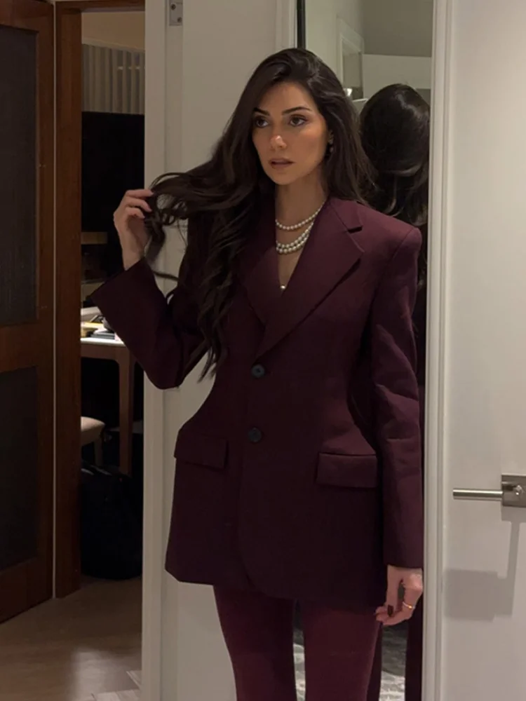 Elegant Wine Red Waist Up Wool Blend Long Jacket Women Chic Lapel Collar Single Breast Overcoat 2025 Autumn Lady High Streetwear 2