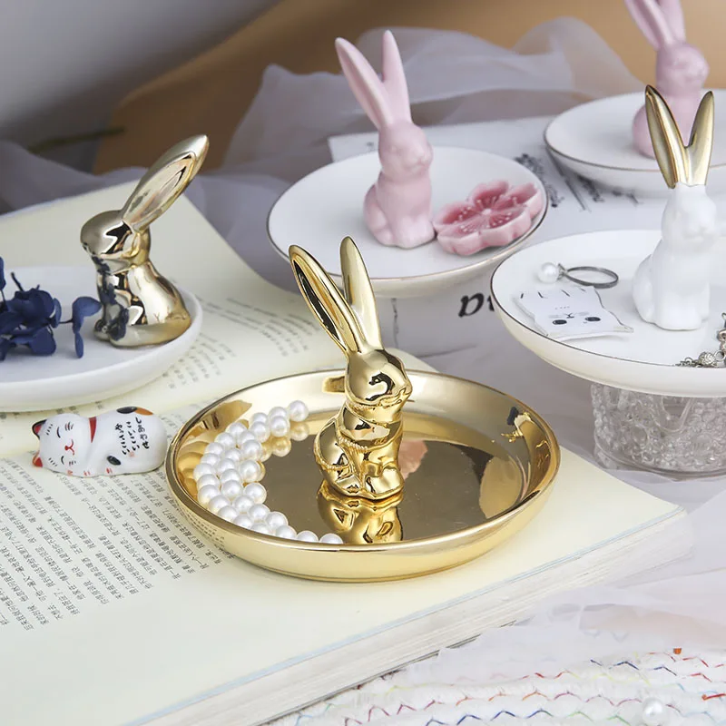 Gold Rabbit Jewelry Plate Ceramic Display Stand Jewelry Storage Plate Ring Necklace Holder Home Animal Storage Box Home Ornament 2