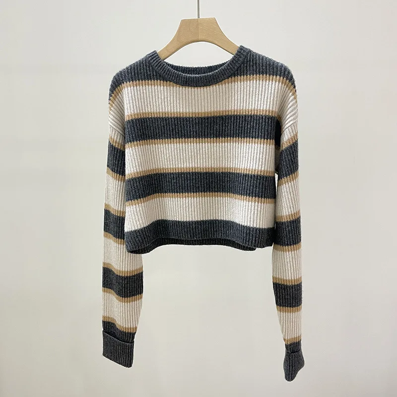

2023 Autumn Women Color Patchwork Stripes Sweater Ladies Round Neck 100% Cashmere Casual Female Short Type Pullover