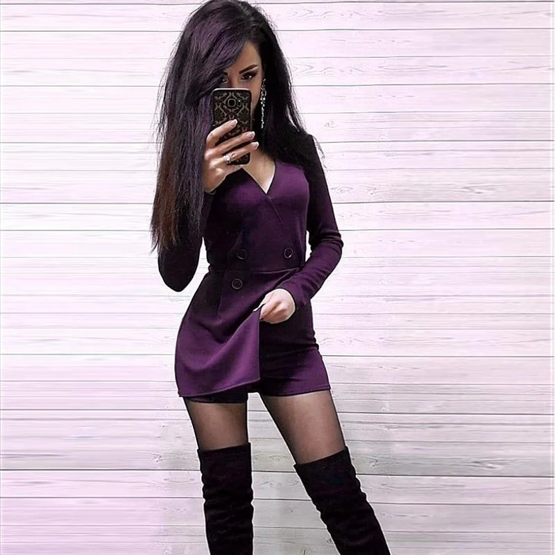 Autumn and Winter Women V-Neck Short Skirt Suit Fashion Jumpsuit Slim Fit Autumn and Winter Long Sleeve Dress