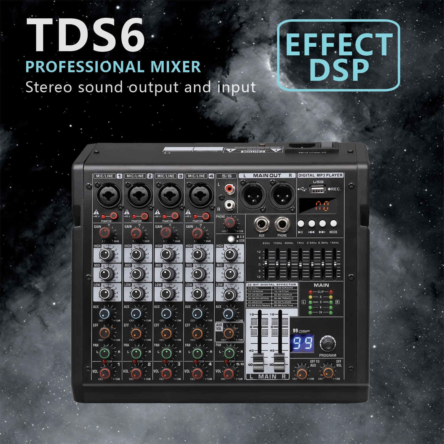GAX-TDS6 Sound Mixer Professional 6 Channel Mixing Console 48V Phantom Power FX 99 DSP USB MP3 Player Headphone Jack For Stage