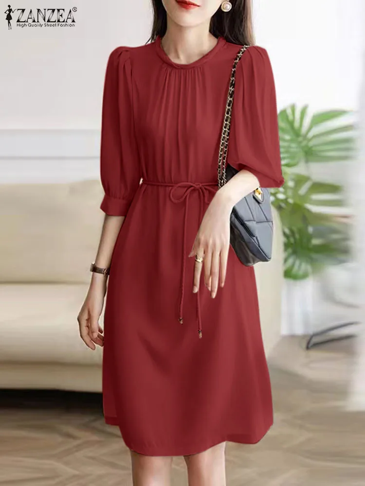 

ZANZEA Summer Fashion Party Dress Woman 3/4 Sleeve O-Neck Sundress Femme Vintage Solid Dresses Casual Knee Length Robe Oversize