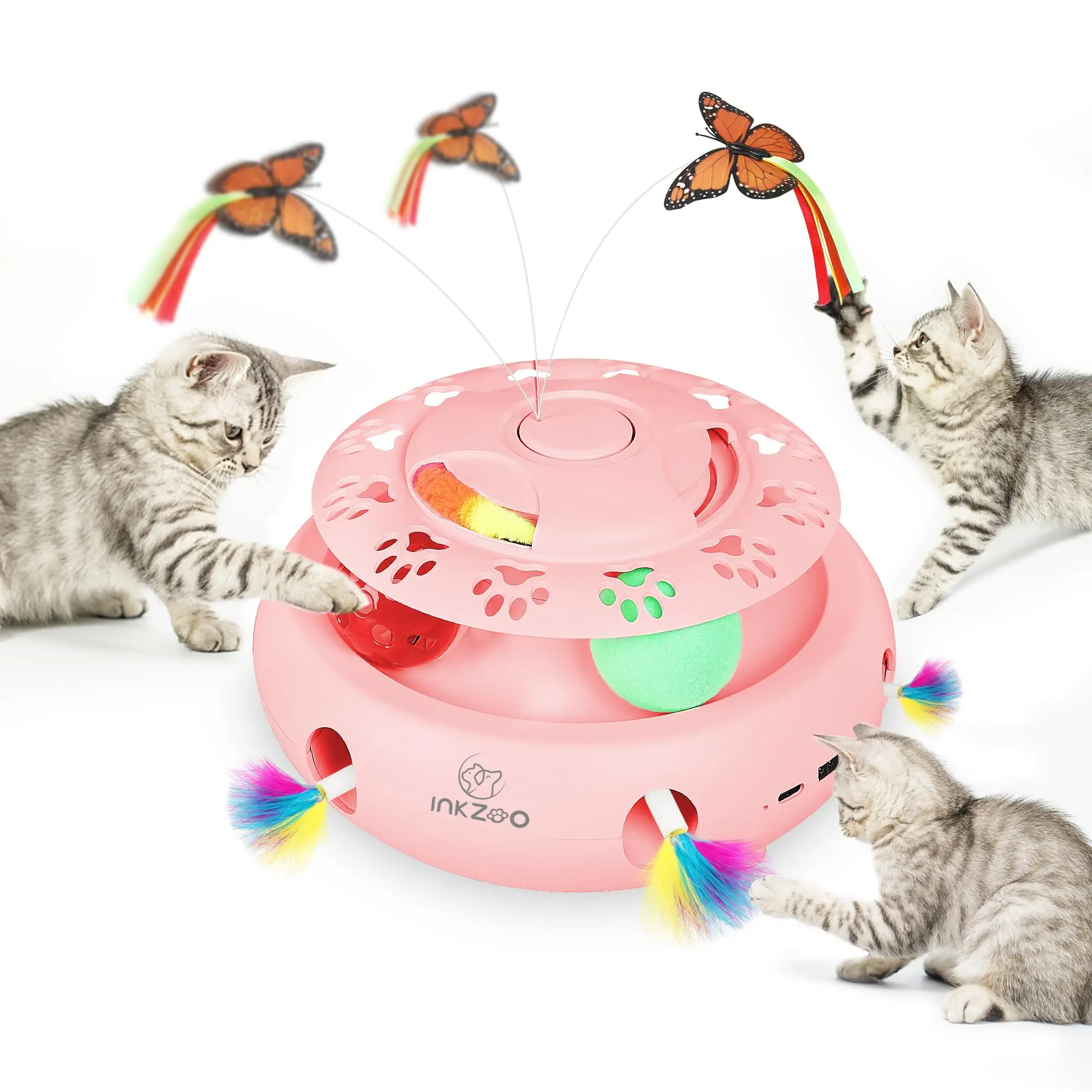 INKZOO 4-in-1 Interactive Cat Toys for Indoor Cats, Automatic 6 Holes Mice Whack-A-Mole, Fluttering Butterfly, Track Balls, USB INKZOO 4-in-1 Interactive Cat Toys for Indoor Cats, Automatic 6 Holes Mice Whack-A-Mole, Fluttering Butterfly, Track Balls, USB