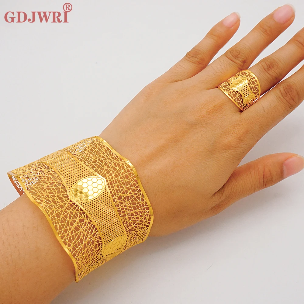 France Luxury Chain Cuff Bangle & Ring For Women Dubai Gold Color Indian Moroccan Big Bracelet Jewelry Arabic African Wedding