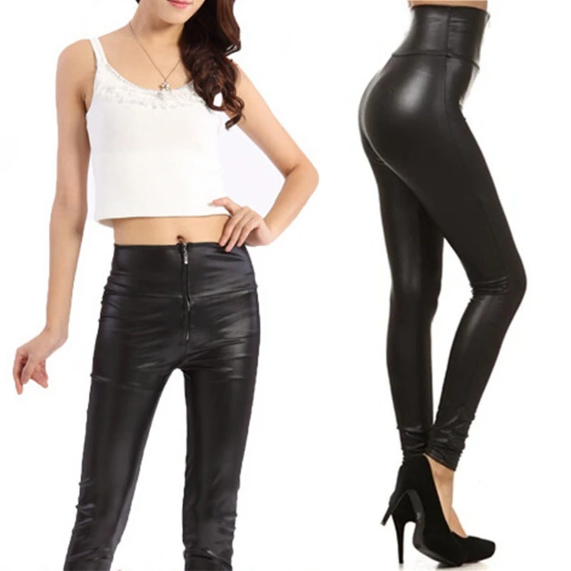 

Women High Waisted Zipper Pencil Pants Black Faux Leather Legging with Zipper