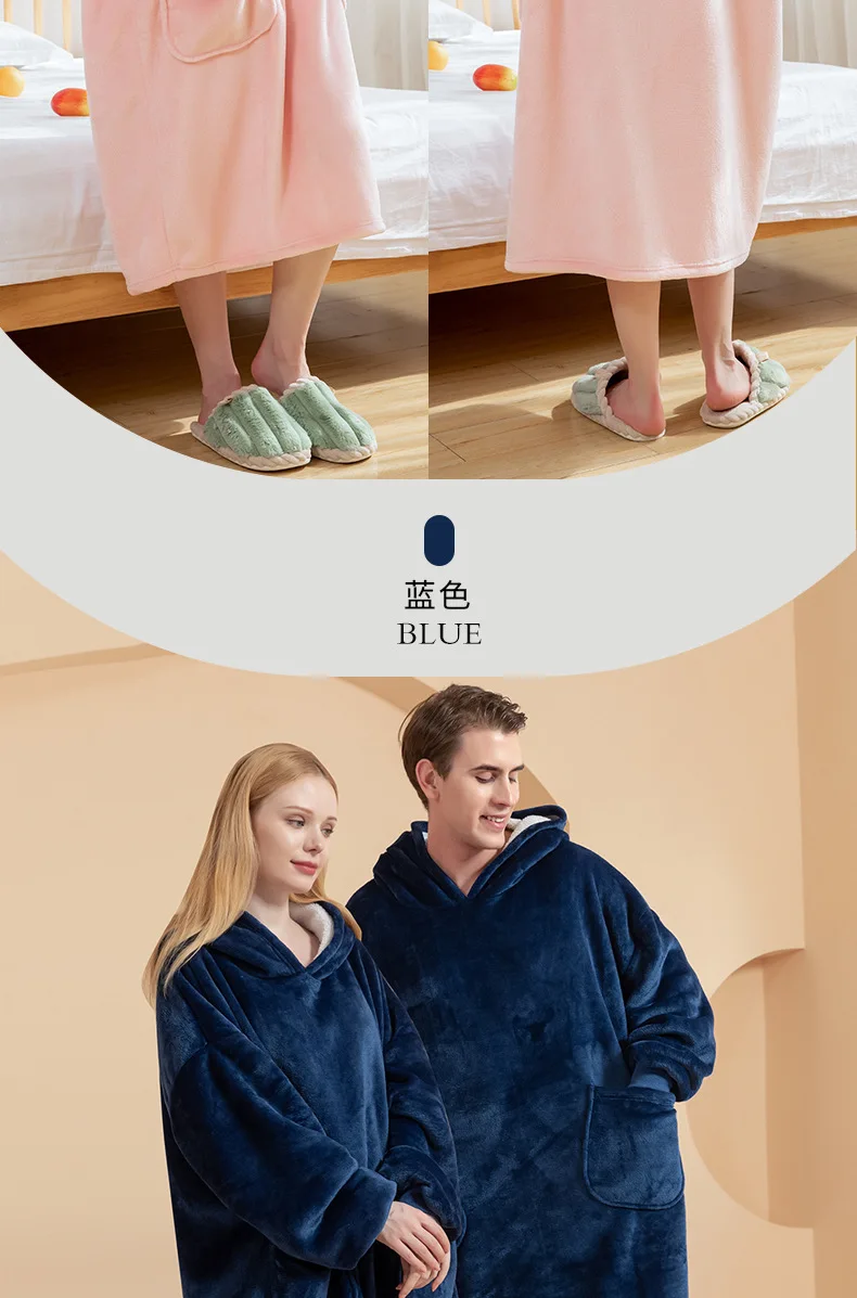 Paar-Partnerlook Übergroßer Flanell-Bademantel mit Kapuze, Warme Plüsch-Loungewear-Robe mit Taschen für Männer und Frauen – Detail 12