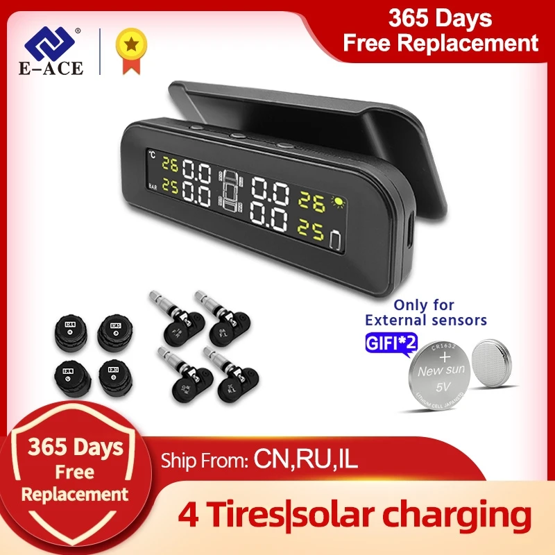 

E-ACE TPMS Car Tire Monitoring Pressure Display auto Alarm Monitor Solar Power Charging Temperature Warning with 4 sensors