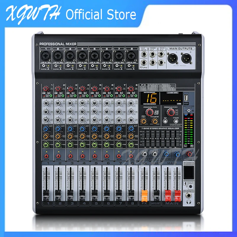 8 채널 디지털 믹서 사운드 오디오 믹싱 콘솔, 16 디지털 리버브 효과 블루투스 USB MP3 DJ 잔향 콘솔