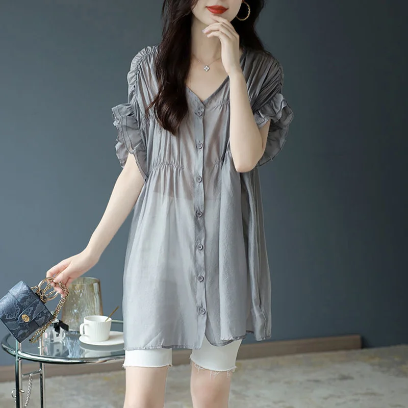 

Elegant V-Neck Spliced Loose Shirring Ruffles Shirt Women's Clothing 2023 Summer New Casual Tops Solid Color Office Lady Blouse