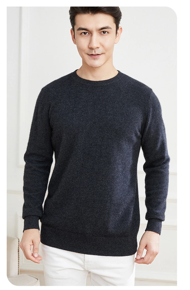 High-end Men's 100% Cashmere Pullover O-Neck Sweater Autumn and Winter Warm Solid Color Knit Sweater Business Casual Top
