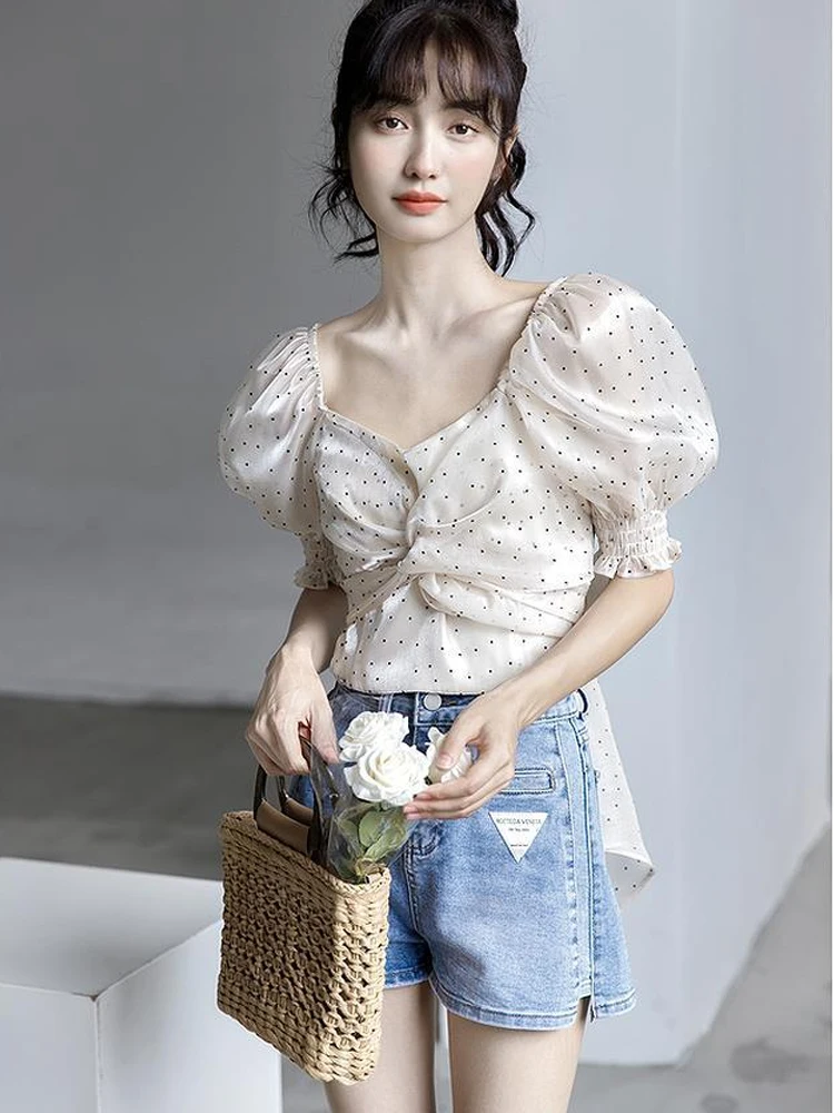 

New French Polka Dot Chiffon Shirts Women Square Neck Puff Sleeve Blouse Summer Bow Bangage Crop Tops Woman