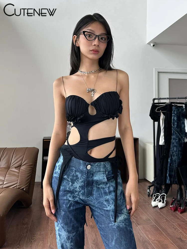 Bodys calados para mujer, sexys, con lazos, sin mangas, espalda descubierta, ajustados, con volantes, impresionantes, de verano, nuevos monos