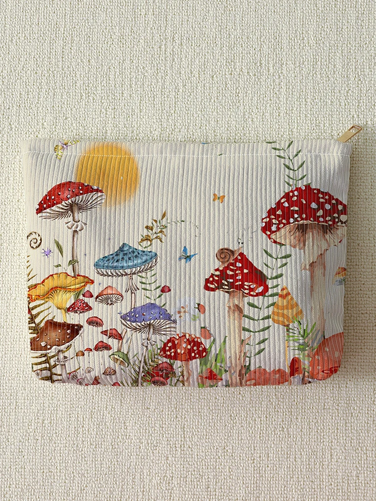 1 mushroom butterfly printed makeup bag, cute fairy tale style, multifunctional storage bag, travel makeup bag