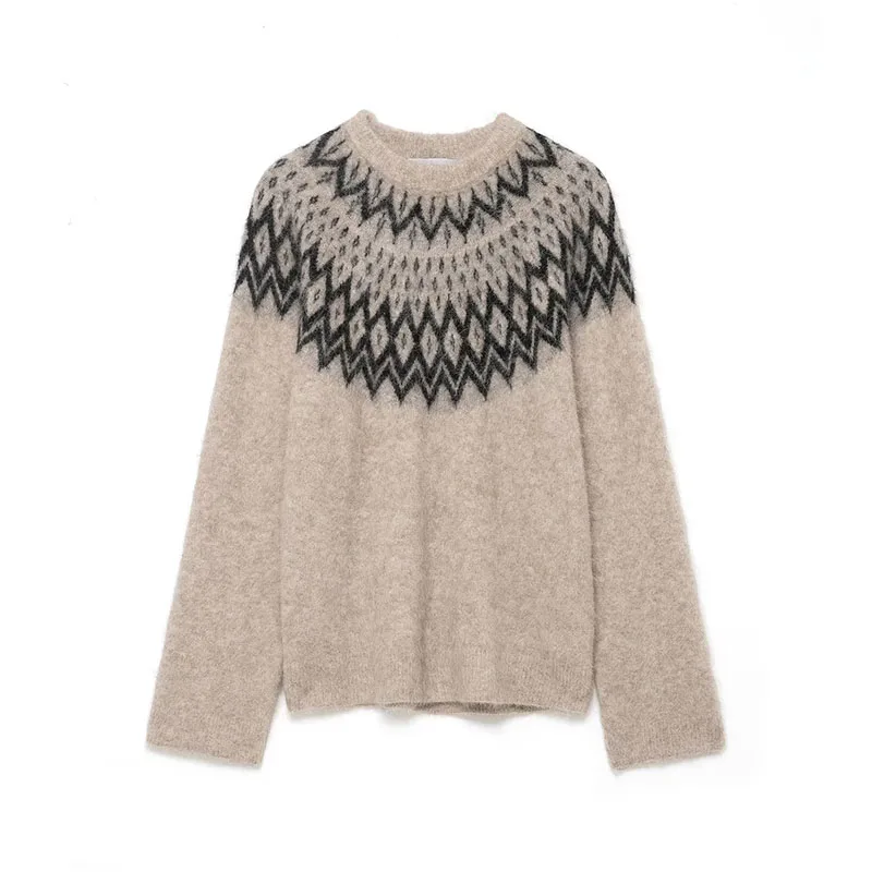 Chic Autumn Knitted Pullover Women Vintage Jacquard Sweater Fashion Casual Long Sleeve Female Elegant Knitwear Top