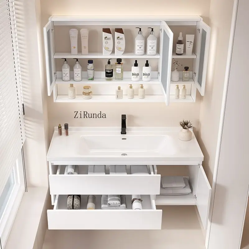 L Modern smart bathroom cabinet combination ceramic integrated basin solid wood mirror cabinet simple bathroom sink set