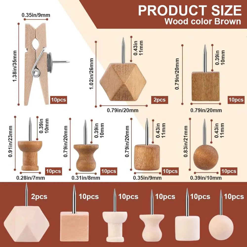 나무 압정핀 114개, 2가지 색상, 7가지 스타일, 장 나무 압정핀, 지도 표시용 압정핀.