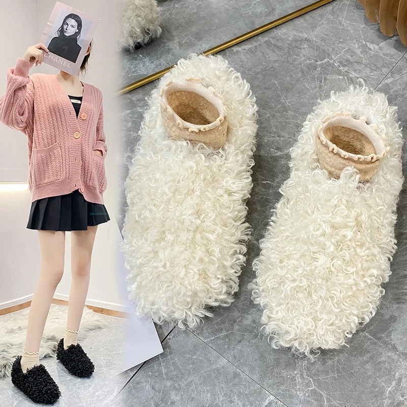 

Туфли женские с закрытым носком, повседневные кроссовки на платформе, лоферы, без застежки, меховая обувь, клоги, Мокасины, без застежки