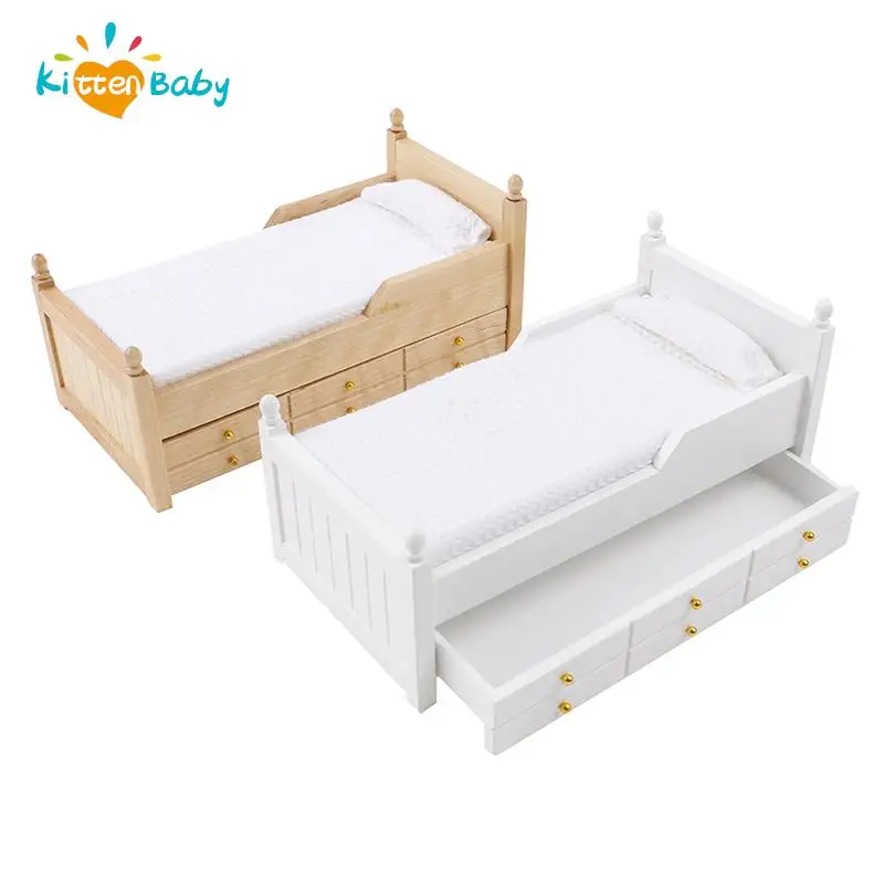 1:12 Dollhouse Miniature Wooden Drawer Bed Doll House Handcrafted Mini Bed Dollhouse Furniture Model Decor model tool storage rack k8 3 large drawer finishing box wooden leather desktop