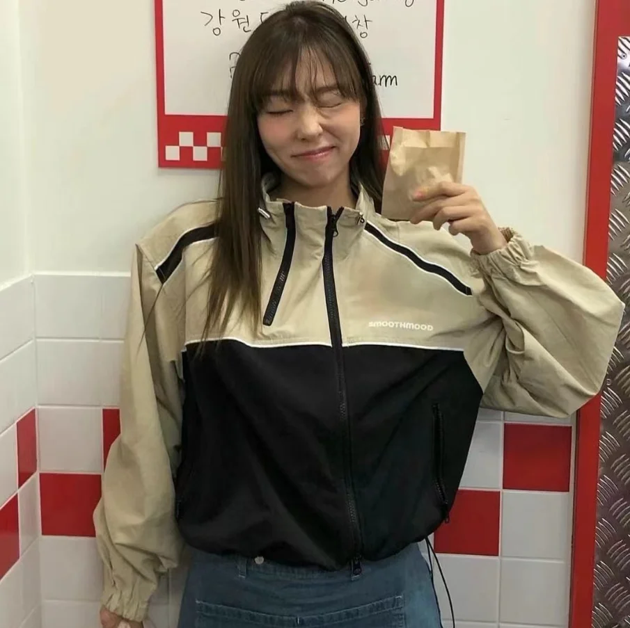 Smoothood Spring 2025 Loose Fit Retro Color Blo Stand Collar Zipper Jaet Sweatirt Korean Sle Women's ort Outerwear