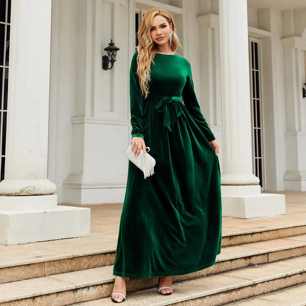 

A-line Velvet Dress Elegant Vintage A-line Maxi Dress with Pleated Golden Velvet Long Sleeve Belted Waist Ankle for Bridesmaid