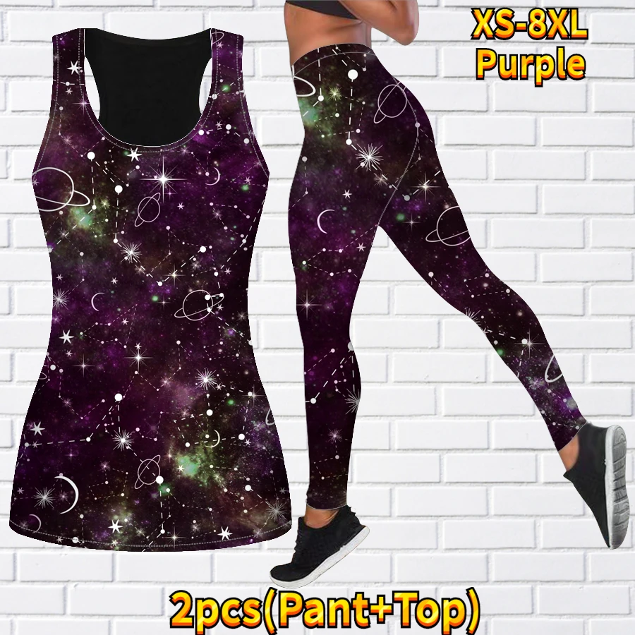 Spring/Summer Women\'s 3D Universe Star Sky Printed Tank Top and Tights Summer Sleeveless Fit Tank Top Yoga Set XS-8XL