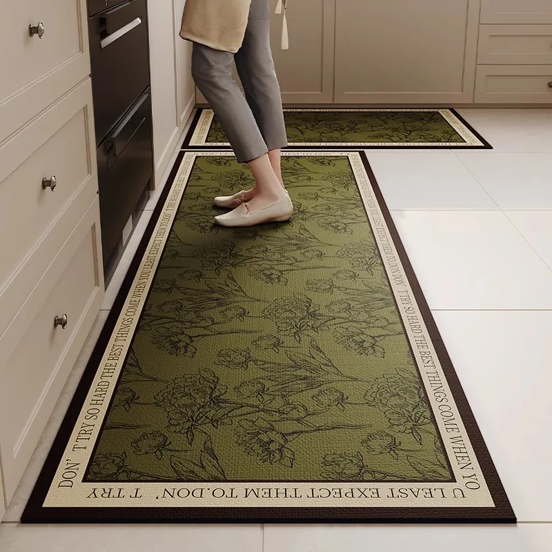 Green PVC Kitchen Floor Mat Vintage Floral Print Oil-proof Waterproof Carpet Large Area Long Strip Balcony Leather Rugs Alfombra