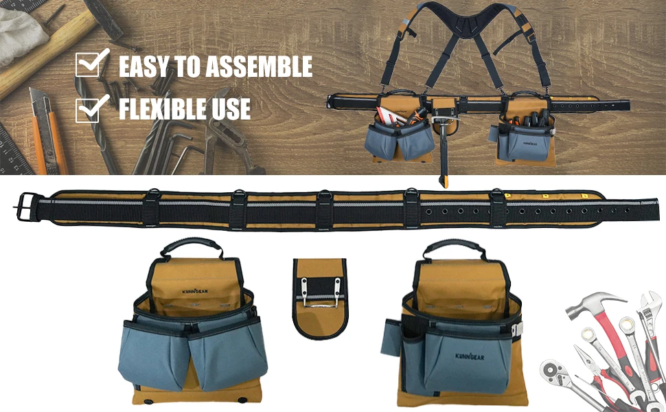 KUNN Carpenter Tool Belt with Suspenders Pro Framer Suspension Tool Rig for Construction Contractors and Electrician,Khaki