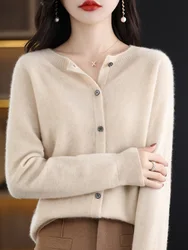 Elegant O-neck Merino Wool Women's Cardigan Sweater - Graceful Knitwear Collection - XXL (Beige)