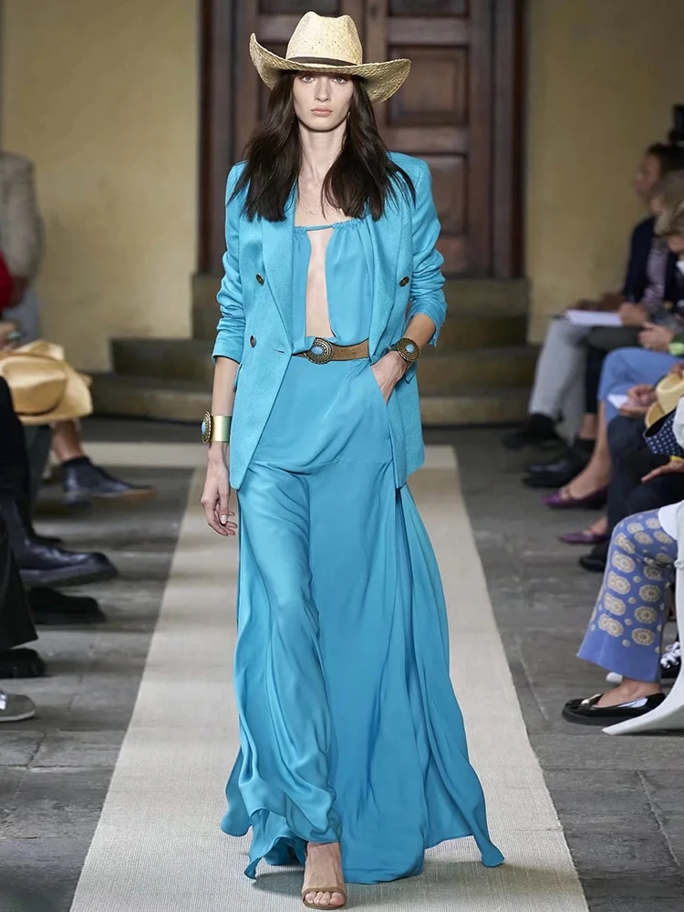 

Delocah/высококачественные летние женские модные Подиумные комплекты из 2 предметов, прямые пальто с длинными рукавами + сексуальные праздничные платья на бретельках