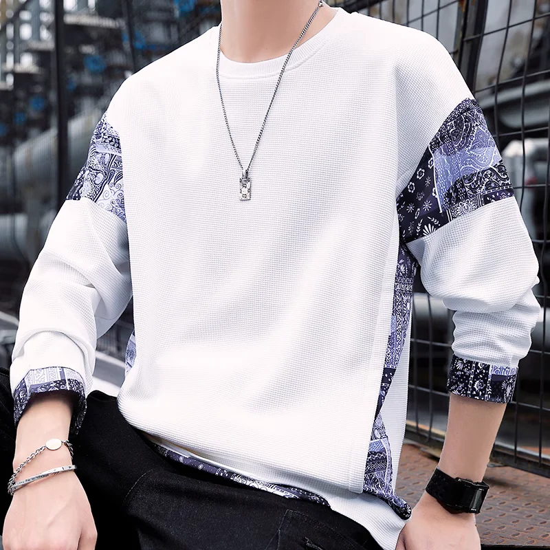 

Men Spring Autumn Fashion Casual T-shirt Hoodie Harajuku Streetwear Pullover Men printing Patchwork Loose Long Sleeve O-Neck tee