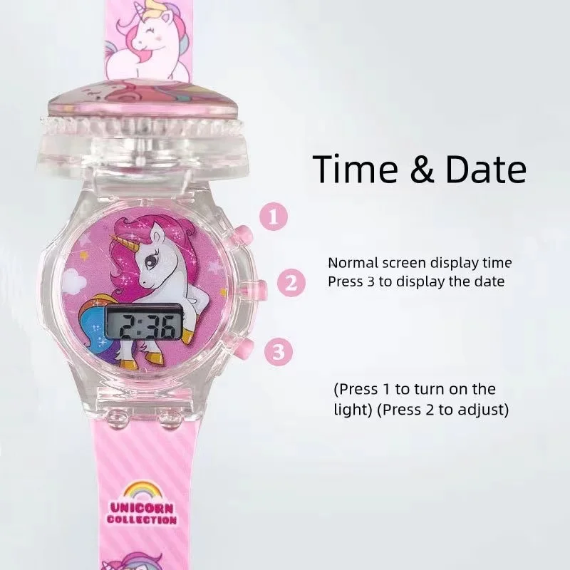 Unicorn Rotating Music Light Electronic Watch Children's Flip up Watch 4