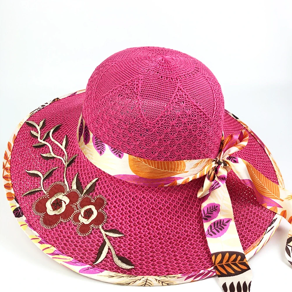 Akçaağaç yaprağı çiçek güneş koruma kenarlı plaj şapkası yaz kadın şapka yay şerit Panama kadınlar Chapeu hasır şapka