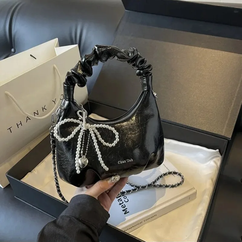 Y2K Underarm Bags for Women Girls Pleated Handle Design Ladies Pearl Bow Handbag Adjustable Strap Shoulder Crossbody Bag