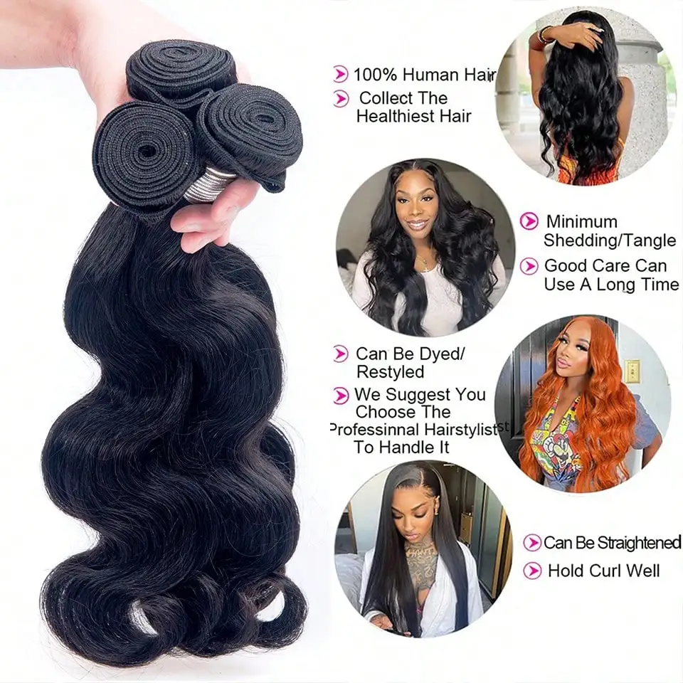 Tewjig 100% Human Hair body wave Bundles Weave Natural Color 1/2/3/4 Bundles Deal 8-38 Inch Bundle Hair Extensions Fow Momen